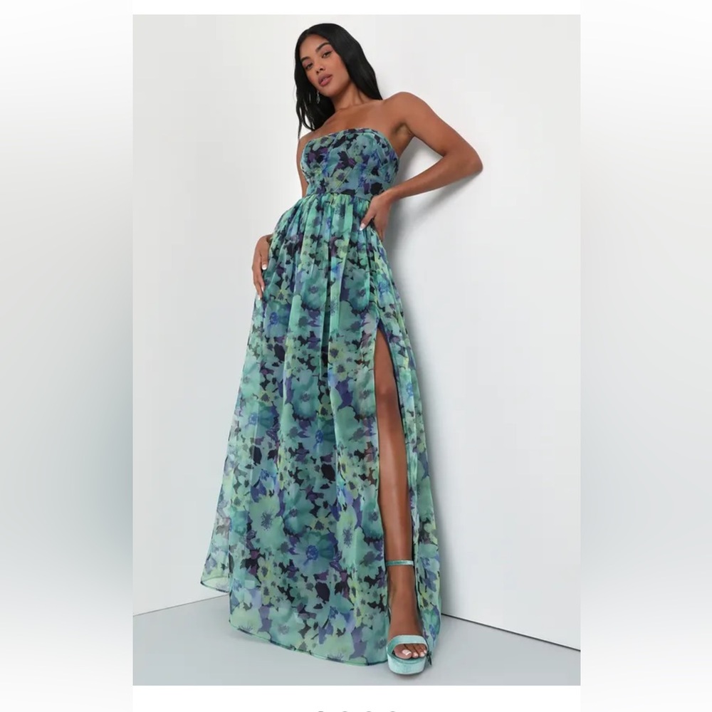 Wonderful Waltz Green Floral Print Strapless Bustier Maxi Dress